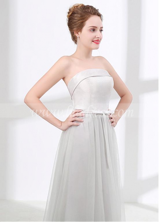 Gorgeous Tulle & Satin Strapless Neckline A-line Bridesmaid Dress With Bowknot