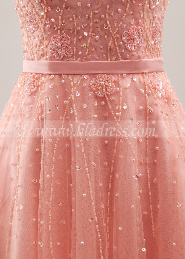 Graceful Tulle & Satin Bateau Neckline A-Line Knee-length Homecoming Dress With Sequins & Beadings
