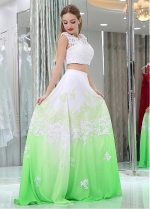 Eye-catching Tulle & Chiffon Jewel Neckline A-line Two-piece Prom Dresses With Beaded Lace Appliques