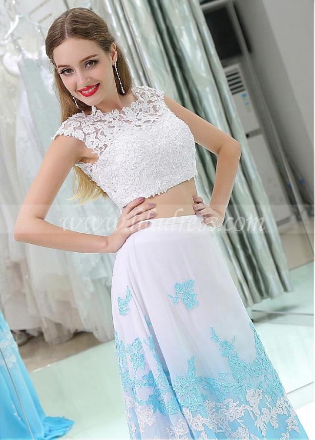 Excellent Tulle & Chiffon Bateau Neckline Cap Sleeves A-line Two-piece Prom Dresses With Beaded Lace Appliques