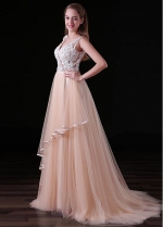 Exquisite Tulle V-neck Neckline Backless Floor-length A-line Prom Dresses With Beaded Lace Appliques