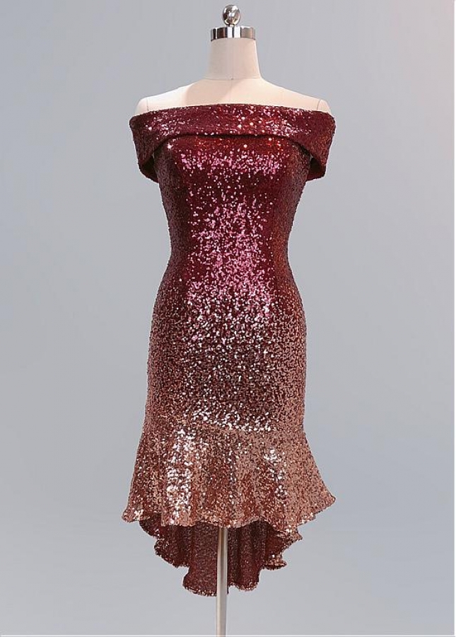 Brilliant Sequins Lace Off-the-shoulder Neckline Hi-lo Sheath/Column Cocktail Dress