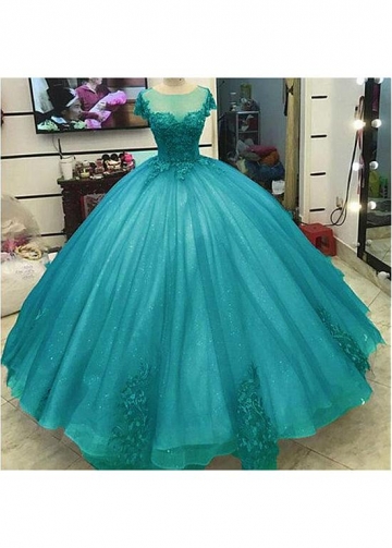 Glamorous Tulle Jewel Neckline Floor-length Ball Gown Quinceanera Dresses With Lace Appliques