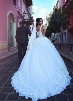 Fantastic Tulle V-neck Neckline Basque Waistline Ball Gown Wedding Dresses With Lace Appliques & 3D Flowers & Beadings