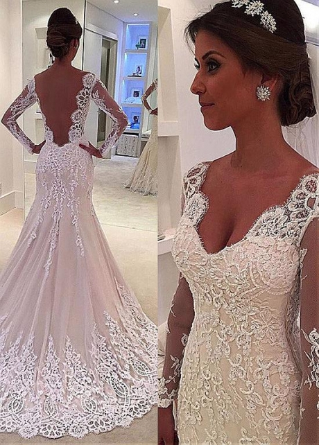 Showy Tulle V-neck Neckline Floor-length Mermaid Wedding Dresses With Beaded Lace Appliuqes