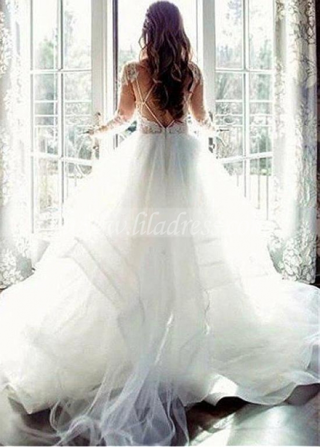 Exquisite Tulle Jewel Neckline Ball Gown Wedding Dress With Lace Appliques