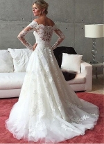 Romantic Tulle Off-the-shoulder Neckline A-line Wedding Dress With Beadings & Lace Appliques