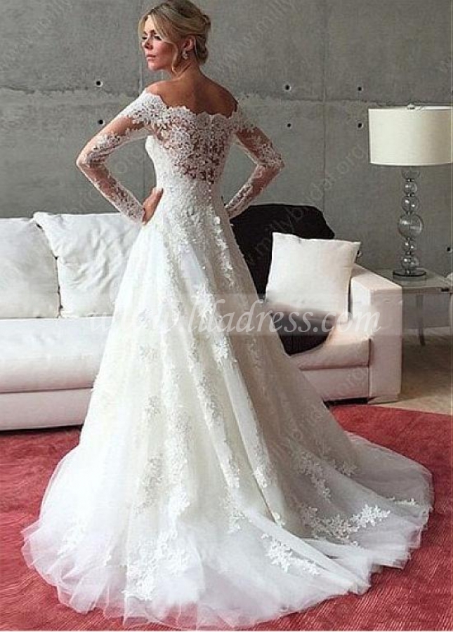 Romantic Tulle Off-the-shoulder Neckline A-line Wedding Dress With Beadings & Lace Appliques