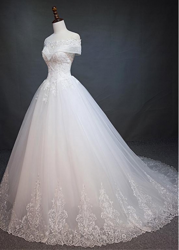 Marvelous Tulle Off-the-shoulder Neckline Ball Gown Wedding Dress With Beaded Lace Appliques