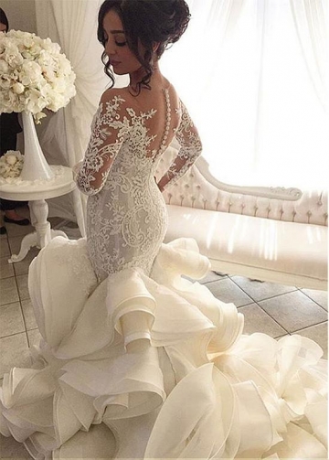 Stunning Tulle & Satin Bateau Neckline Mermaid Wedding Dresses With Lace Appliques