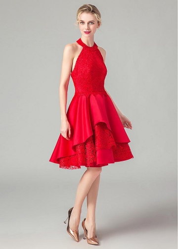 Gorgeous Lace & Satin Halter Neckline A-line Homecoming Dresses