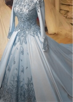 Vintage Satin High Collar Natural Waistline A-line Wedding Dress With Beaded Lace Appliques & 3D Flowers