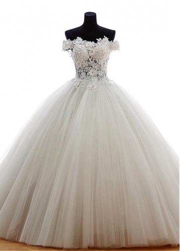 Marvelous Tulle Off-the-Shoulder Neckline Ball Gown Wedding Dress with Venice lace