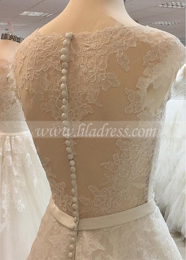 Fantastic Tulle Jewel Neckline A-line Wedding Dresses With Lace Appliques & Rhinestones