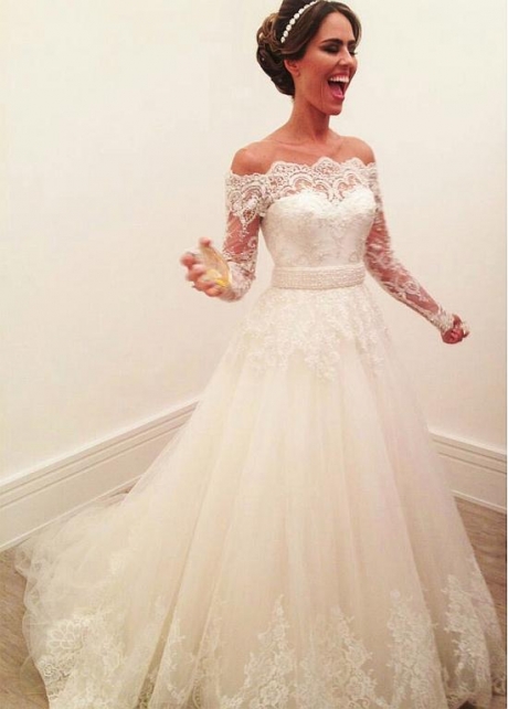 Brilliant Tulle Off-the-shoulder Neckline A-line Wedding Dresses With Lace Appliques & Beadings