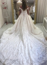 Romantic Tulle Off-the-shoulder Neckline Ball Gown Wedding Dresses With Lace Appliques & Beaded 3D Flowers