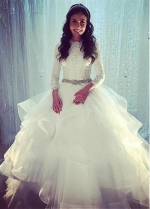 Chic Tulle Jewel Neckline Ball Gown Wedding Dresses With Beaded Lace Appliques & Rhinestones