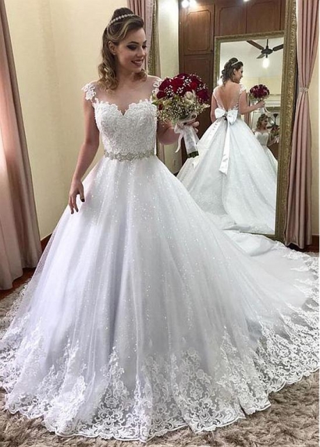 Unique Tulle Jewel Neckline A-line Wedding Dress With Beaded Lace Appliques & Rhinestones & Bowknot