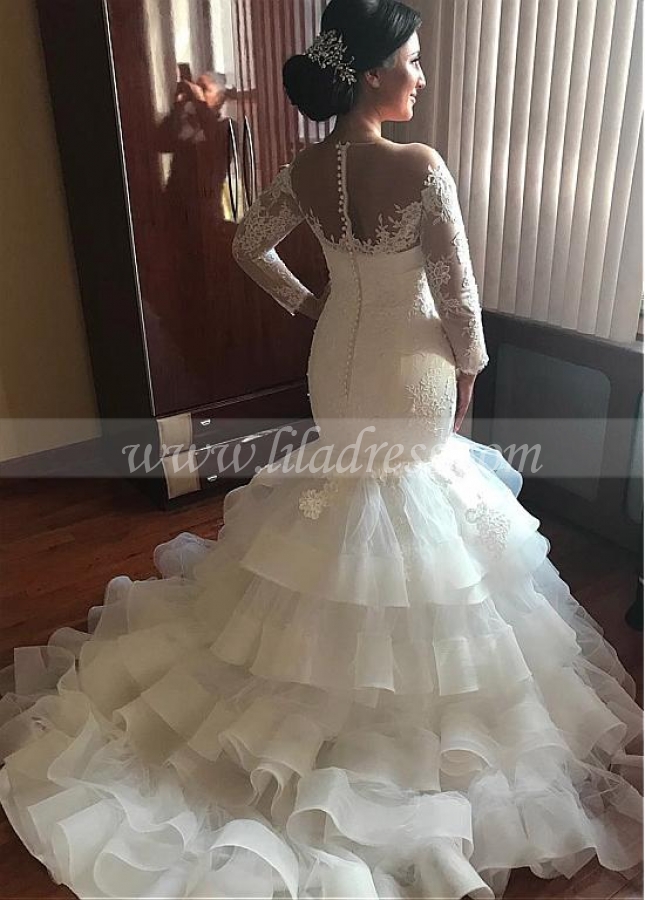 Dazzling Tulle Jewel Neckline Mermaid Wedding Dresses With Lace Appliques & Beadings