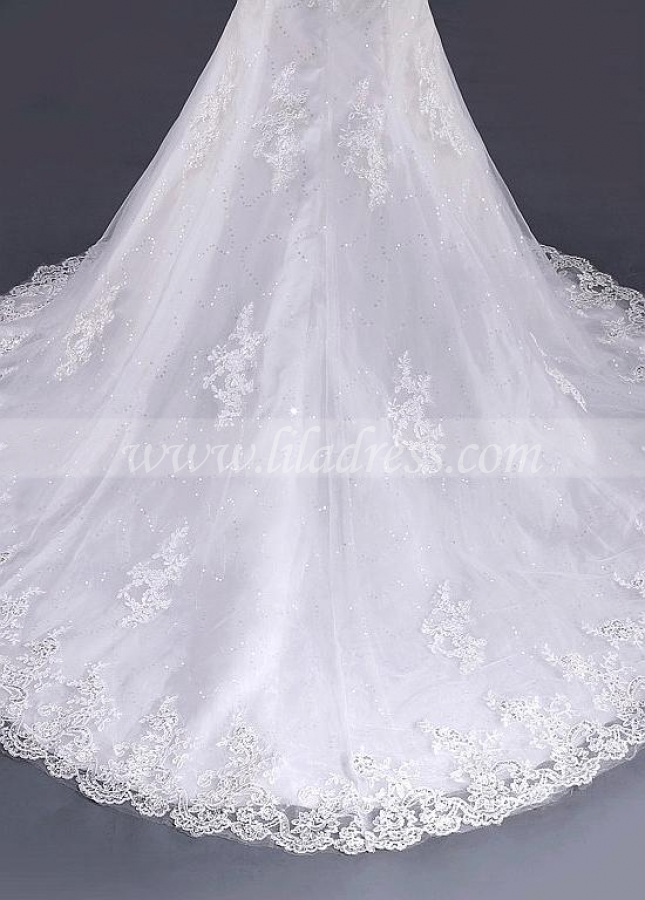 Unique Tulle Off-the-shoulder Neckline Mermaid Wedding Dresses With Lace Appliques & Belt & Bowknot & Beadings