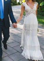 Simple Lace & Chiffon V-neck Neckline A-line Wedding Dresses With Beaded Lace Appliques