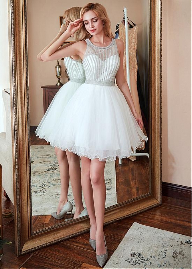 Pretty Tulle Jewel Neckline Short A-Line Homecoming Dress With Bead Chians