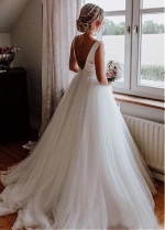 Elegant Tulle & Satin Bateau Neckline V-cut Back A-line Wedding Dresses With Bowknot
