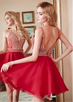 Charming Chiffon Spaghetti Straps Neckline Short A-line Homecoming Dress With Bead Chains