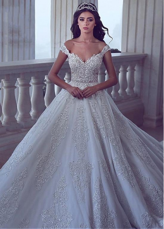 Vintage Tulle Off-the-shoulder Neckline A-line Wedding Dresses With Sequin Lace Appliques & Beadings