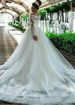 Glamorous Tulle Off-the-shoulder Neckline A-line Wedding Dress With Beaded Lace Appliques
