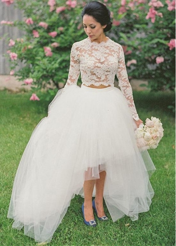 Fashionable Lace & Tulle Jewel Neckline See-through Two-piece Hi-li Ball Gown Wedding Dress