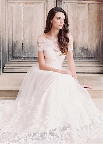 Elegant Tulle Off-the-shoulder Neckline A-line Wedding Dress With Lace Appliques & Belt