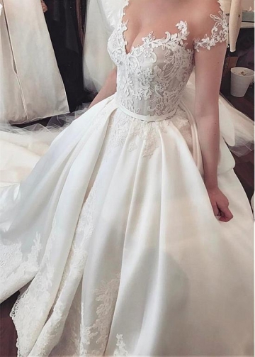 Fascinating Tulle & Satin Sheer Jewel Neckline Ball Gown Wedding Dress With Lace Appliques & Belt & Bowknot