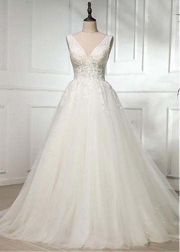 Romantic Tulle V-neck Neckline Natural Waistline A-line Wedding Dress With Lace Appliques & Beadings
