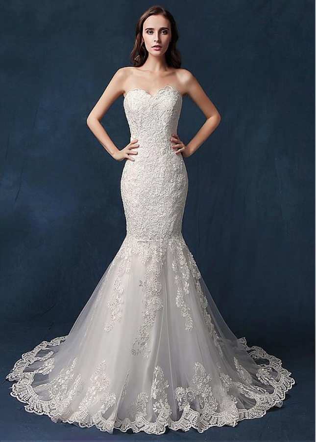 Marvelous Tulle Sweetheart Neckline Natural Waistline Mermaid Wedding Dress With Lace Appliques