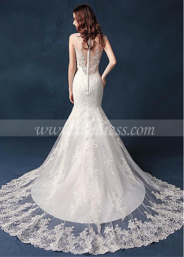 Junoesque Tulle V-neck Neckline Mermaid Wedding Dress With Lace Appliques & Beadings