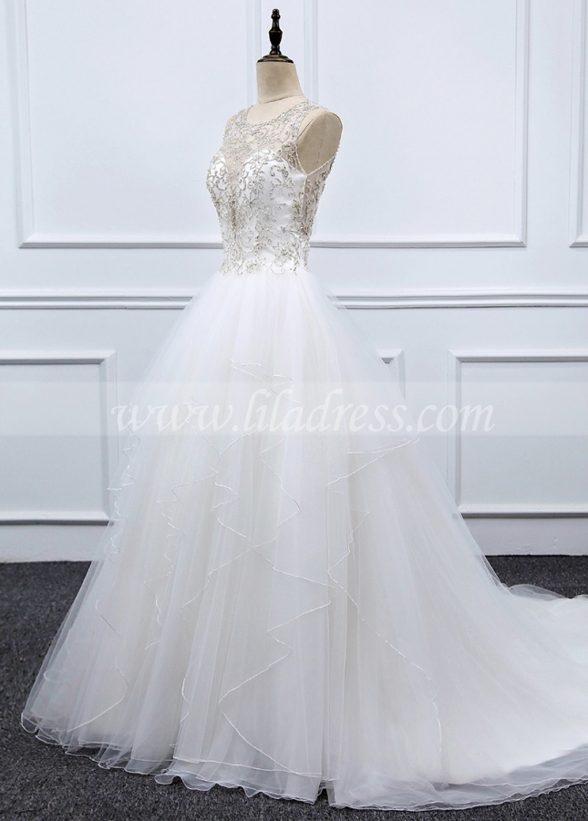 Fantastic Tulle & Organza Jewel Neckline A-line Wedding Dress With Beaded Embroidery & Ruffles