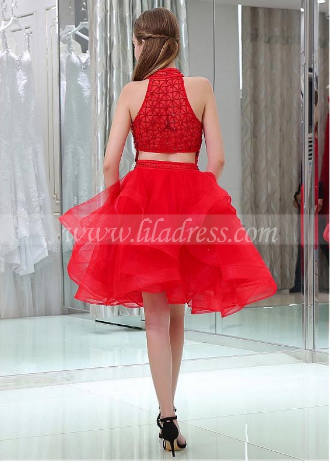 Fabulous Red Organza Halter Neckline A-line Cocktail Dresses With Beadings