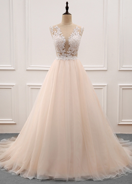 Graceful Tulle & Organza Sheer Jewel Neckline See-through Bodice A-Line Wedding Dress With Beaded Lace Appliques