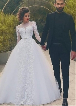 Wonderful Tulle Bateau Neckline Ball Gown Wedding Dresses With Lace Appliques & Beadings