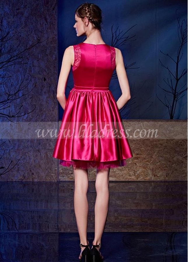 Cute Satin & Tulle Jewel Neckline Short A-line Prom Dresses With Bowknot
