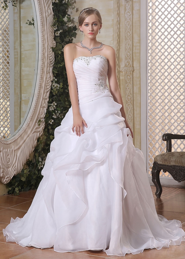 Wonderful Organza Satin Strapless Neckline A-line Wedding Dresses
