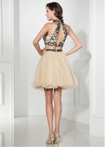 Fabulous Tulle Halter Neckline A-Line Two-piece Short Homecoming Dresses With Beadings