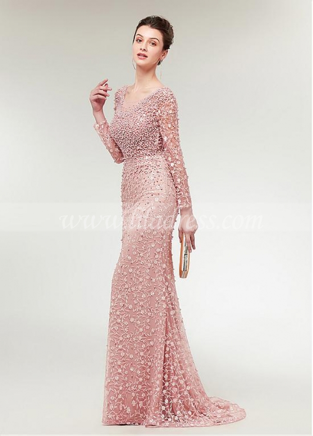 Stunning Lace Scoop Neckline Long Sleeves Mermaid Evening Dress With Beadings