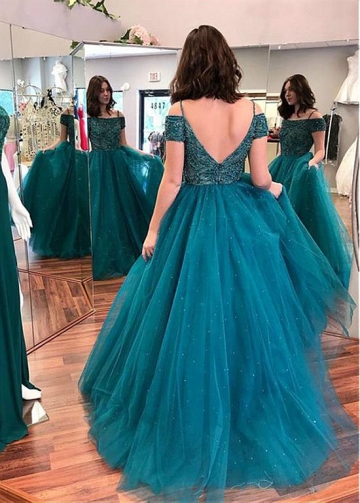 Fashion Tulle Off-the-shoulder Neckline A-line Evening Dress With Beadings