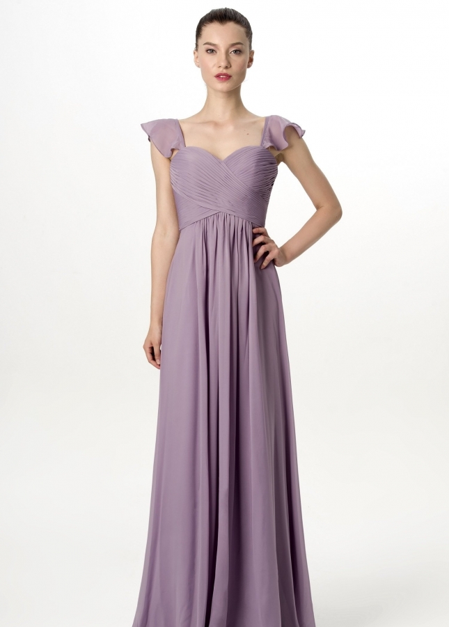 Flounced Cap Sleeves Chiffon Lavender Grey Bridesmaid Dress