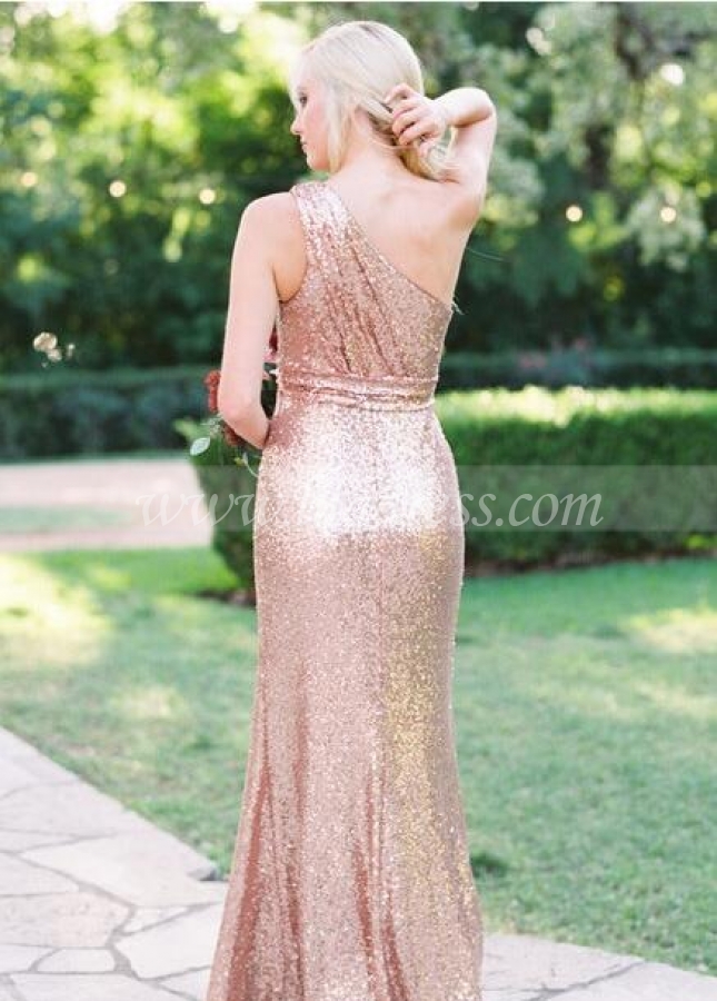 Floor Length Rose Gold Sequin Wedding Guest Dress One Shoulder
