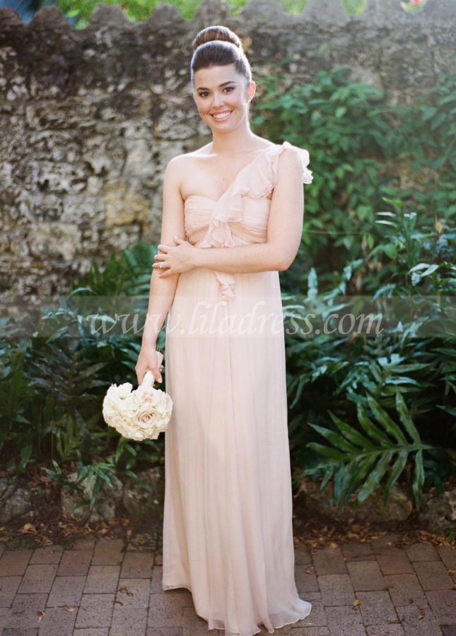 Flounced One-shoulder Chiffon Long Bridesmaid Dresses 2018