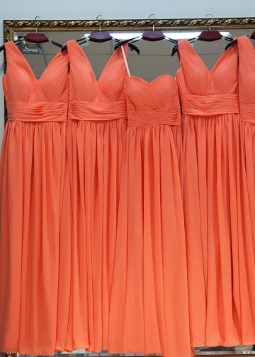 Floor-length Chiffon Orange Bridesmaid Dresses V-neckline
