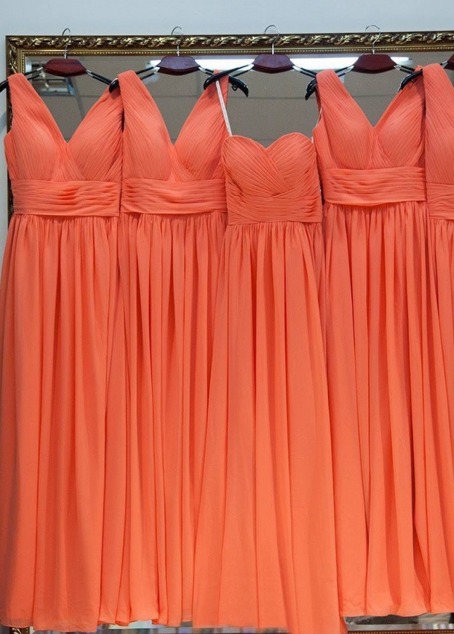 Floor-length Chiffon Orange Bridesmaid Dresses V-neckline